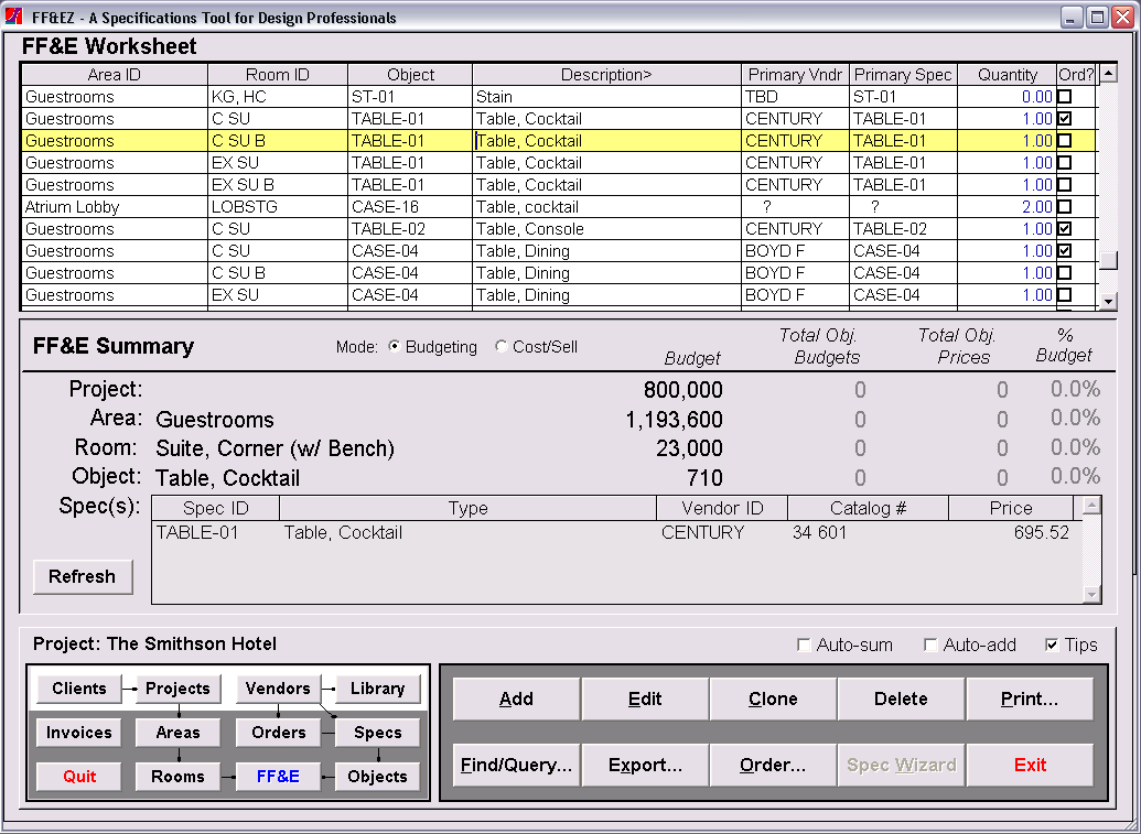 FF&EZ for Windows - FF&E Worksheet Screen