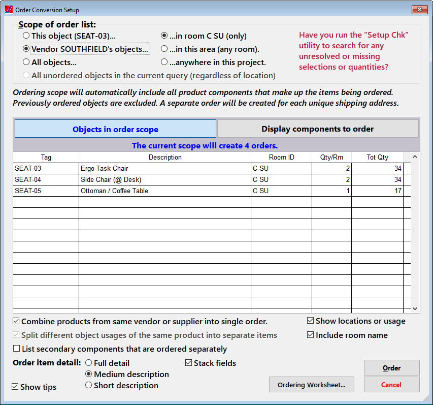 The ordering setup window appears when you click "Order" on the FF&E Worksheet.